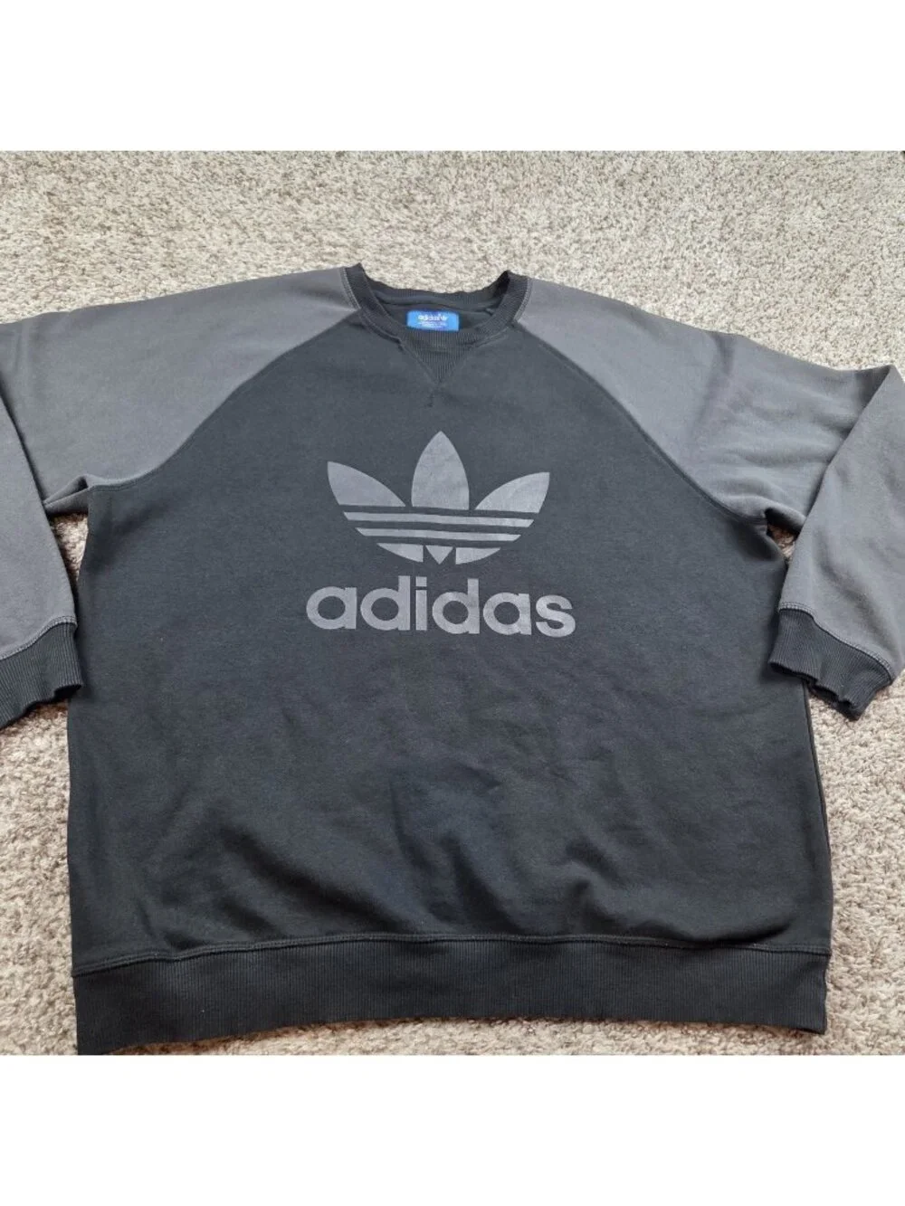 Adidas Sweatshirt Mens XL Black Gray Crewneck Vintage Trefoil Spellout Fleece